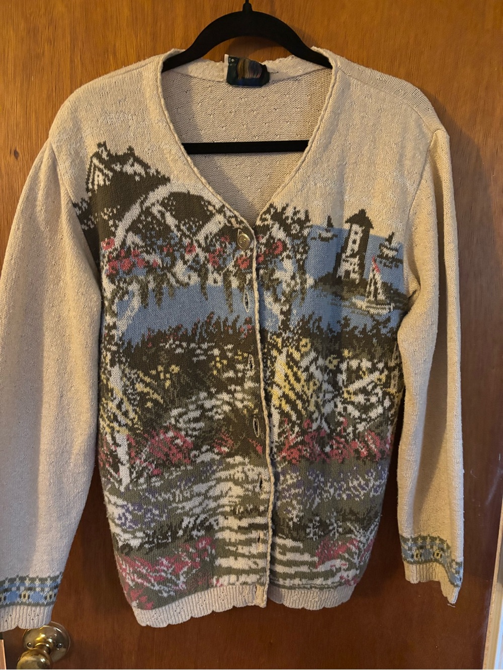 Northern Reflections Cream and Olive Scenic Lighthouse Knit Cardigan